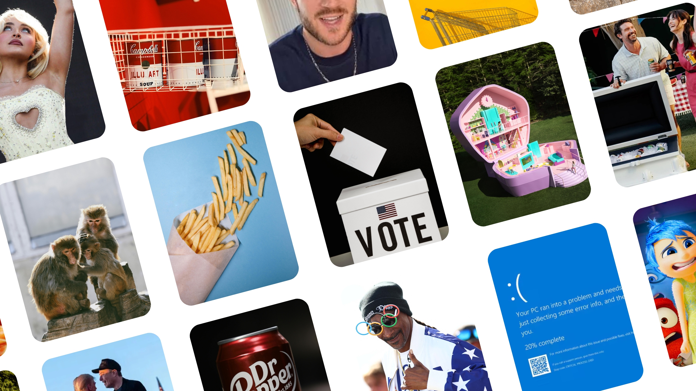 A visual snapshot of 2024 consumer insights, featuring celebrities, viral campaigns, food, and pop culture highlights. Images include a Polly Pocket-themed house, fries, voting box, rhesus macaques, Snoop Dogg, Dr. Pepper, and more.