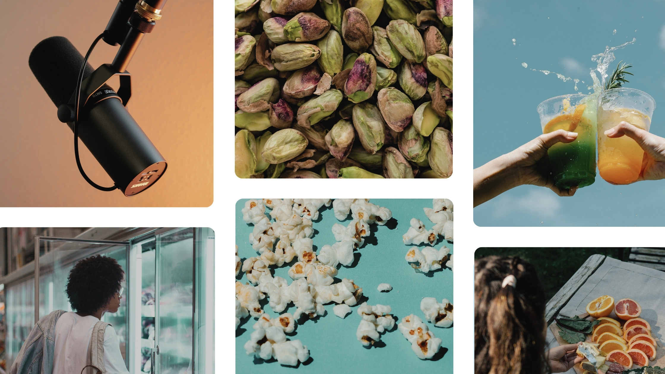A vibrant mix of food and drink elements including colorful beverages, pistachios, citrus, popcorn, a podcast microphone, and a grocery shopper—illustrating NPD food and drink summer launches for 2025.