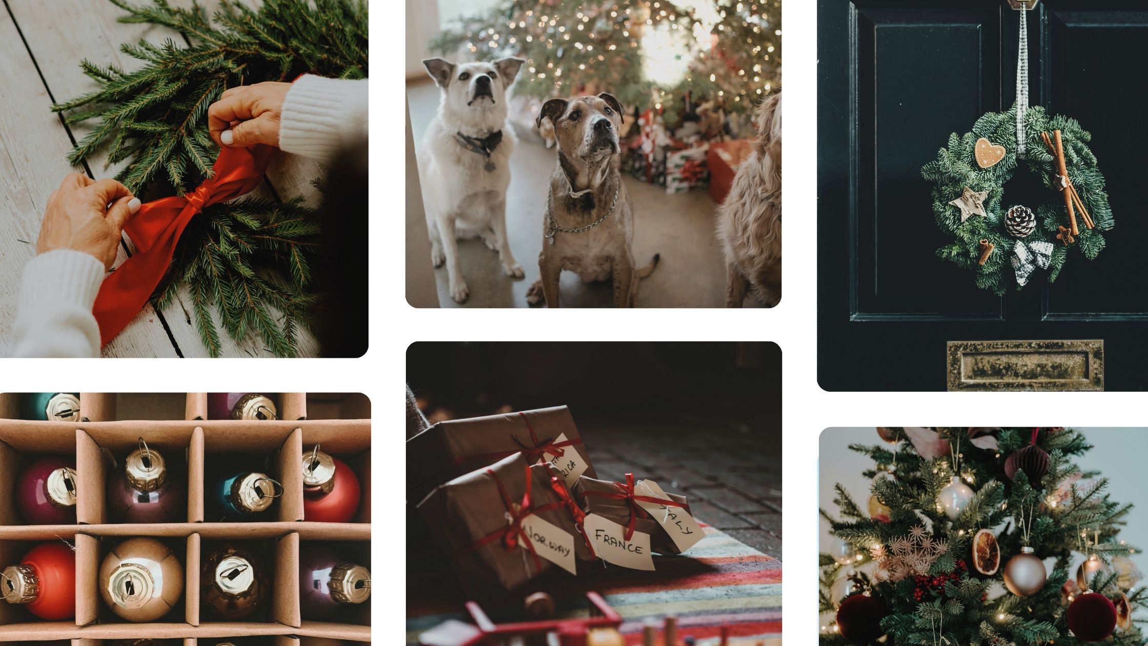 Christmas flat lay collage featuring hands tying a red ribbon on a fir wreath, three dogs sitting by a decorated Christmas tree, festive front door wreath with pinecones and cinnamon sticks, boxed colorful baubles, wrapped presents labeled with country names like France and Italy, and a decorated Christmas tree with dried oranges and baubles.