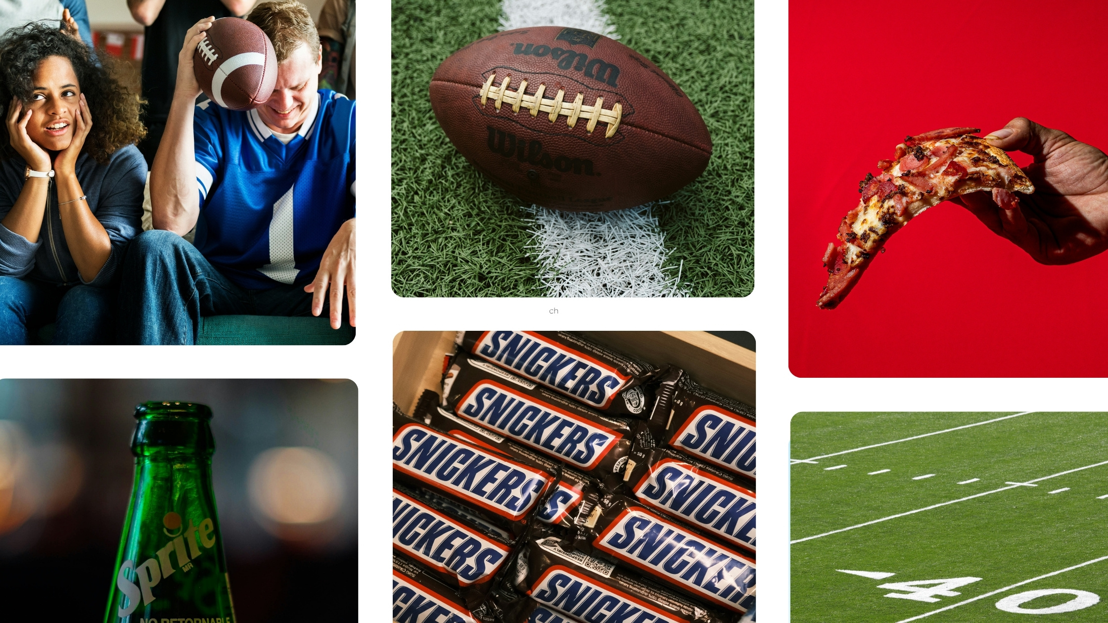 Collage showing NFL fans, football, Snickers bars, Little Caesars pizza, Sprite bottle, and football field — highlights from 2025 NFL campaign reactions.
