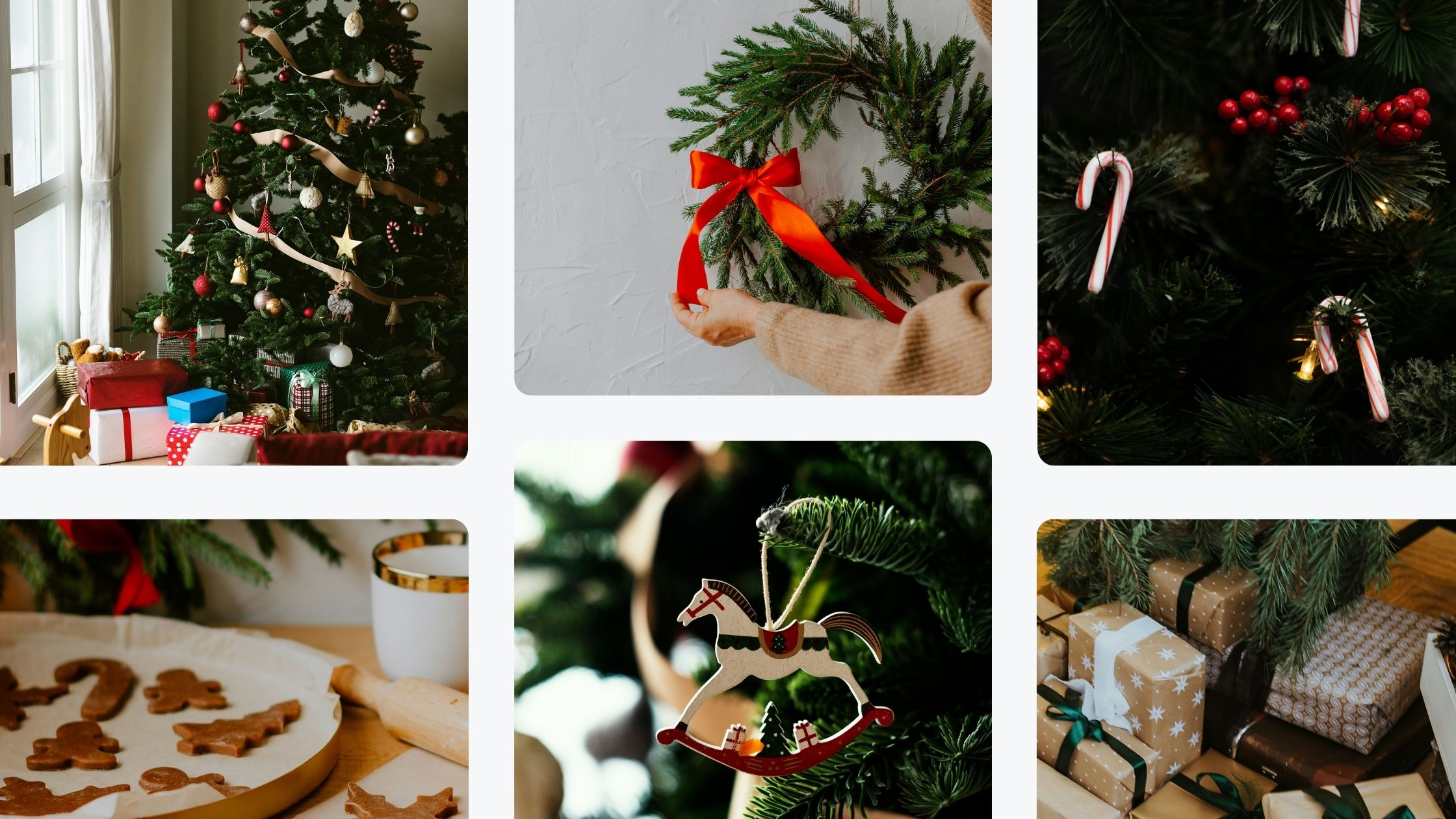 A festive collage showing Christmas decorations and traditions: a Christmas tree adorned with gold ribbons, ornaments, and candy canes; wrapped presents beneath the tree; a person hanging a green wreath with a red bow; gingerbread cookies and a rolling pin on a baking tray; a wooden rocking horse ornament; and gifts wrapped in brown paper and green ribbon under a tree.