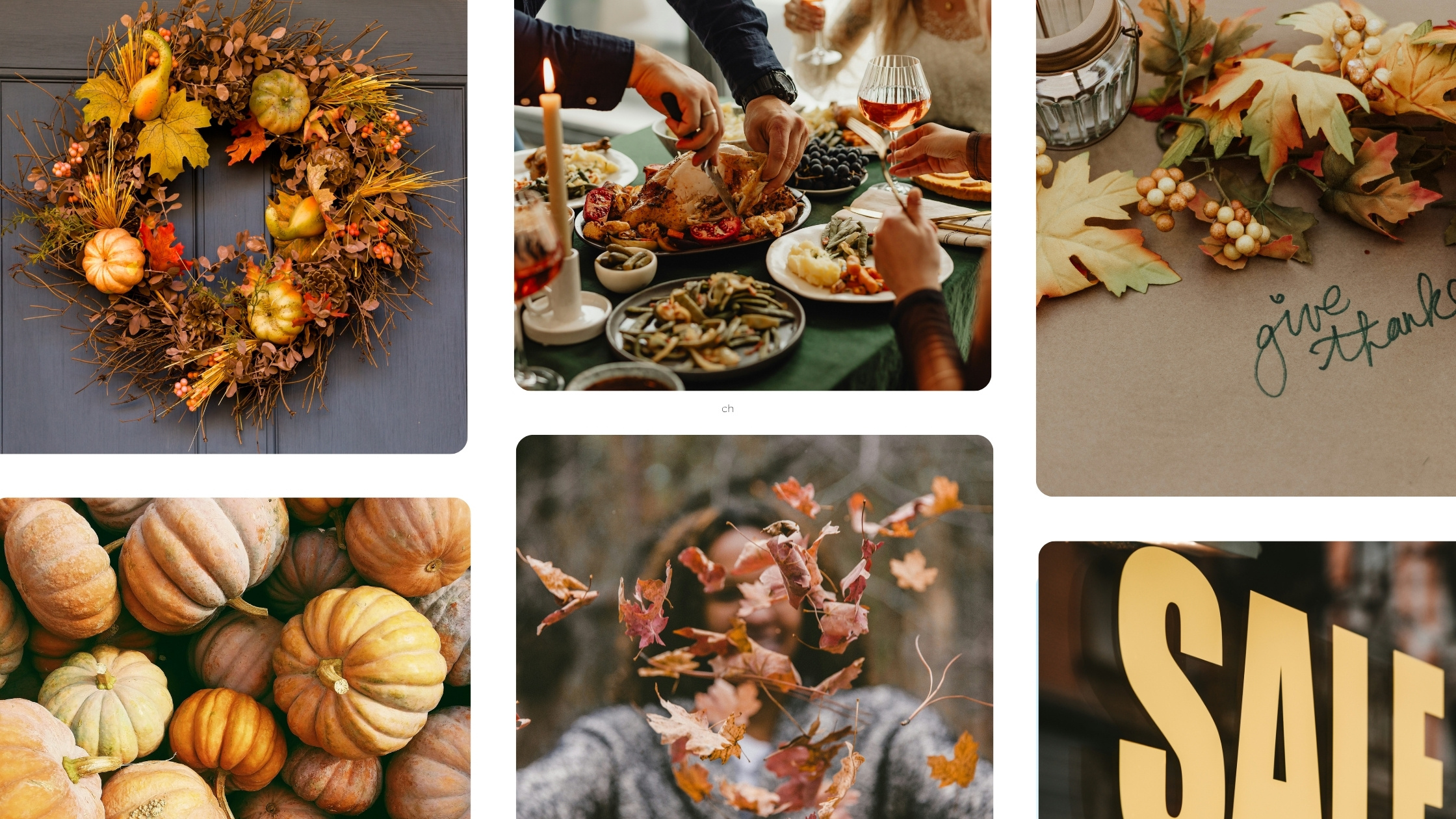 A collage of Thanksgiving-themed images, including pumpkins, a festive wreath, a dinner gathering, autumn leaves, and a large yellow 'SALE' sign.